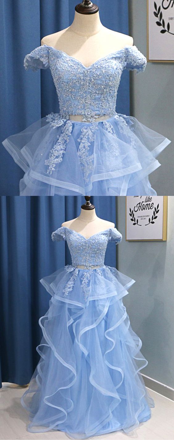 Baby Blue Tulle Off Shoulder Lace Two Pieces Ruffles Long Prom Dress, Evening Dress M8211