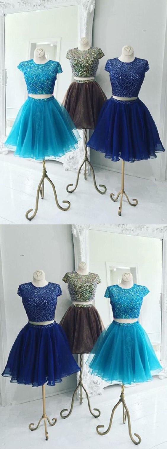 Beautiful Two Piece Stunning Two Piece Jewel Cap Sleeves Short Royal Blue Organza Homecoming Dress Beaded M8230