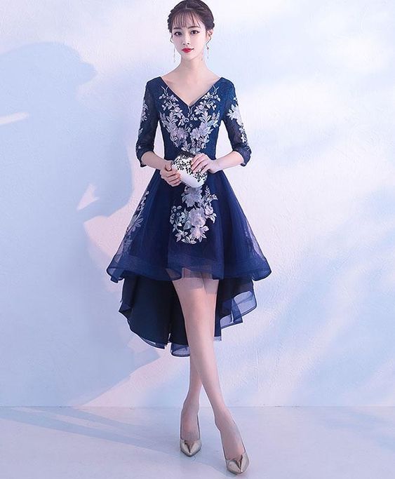 Dark Blue V Neck Tulle Lace Short Prom Dress, Homecoming Dress M8236