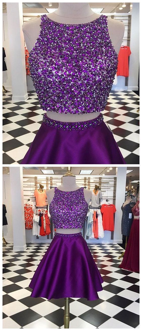 Two Pieces Homecoming Dress In Purple , Custom Made Hoco Dresses, Short Prom Dress, Back To School Party Dance Dress, Pageant Dress M8295