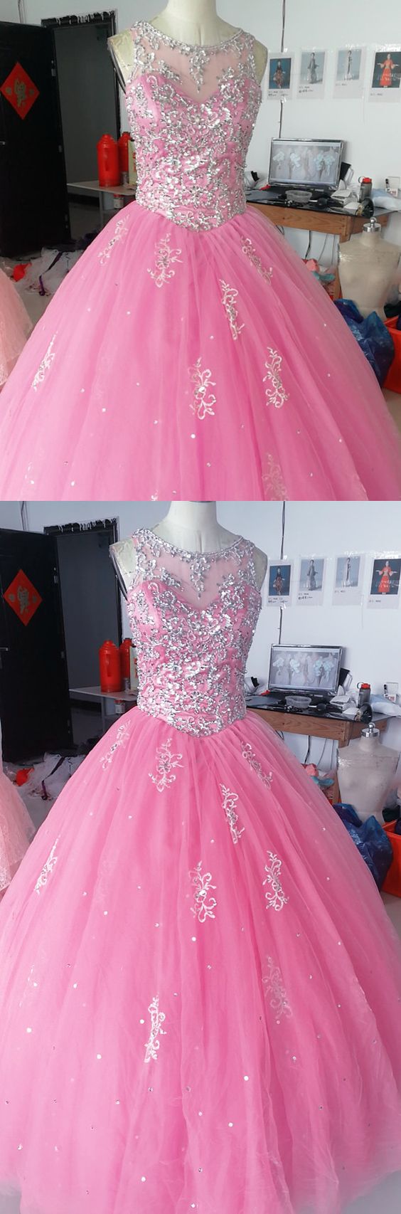Baby Pink Tulle Ball Gowns Quinceanera Dresses Crystal Beaded M8296