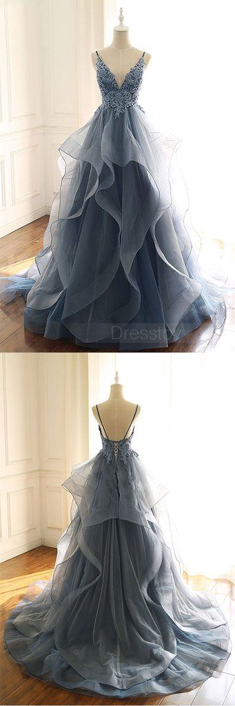 Gray blue tulle lace long prom dress, blue evening dress M8323