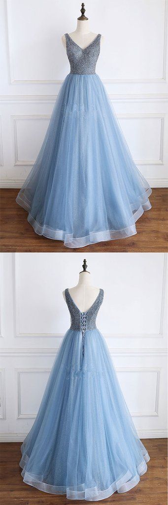 Blue V Neck Beads Sequin Tulle Long Prom Dress, Blue Evening Dress, Blue Formal Dress M8324