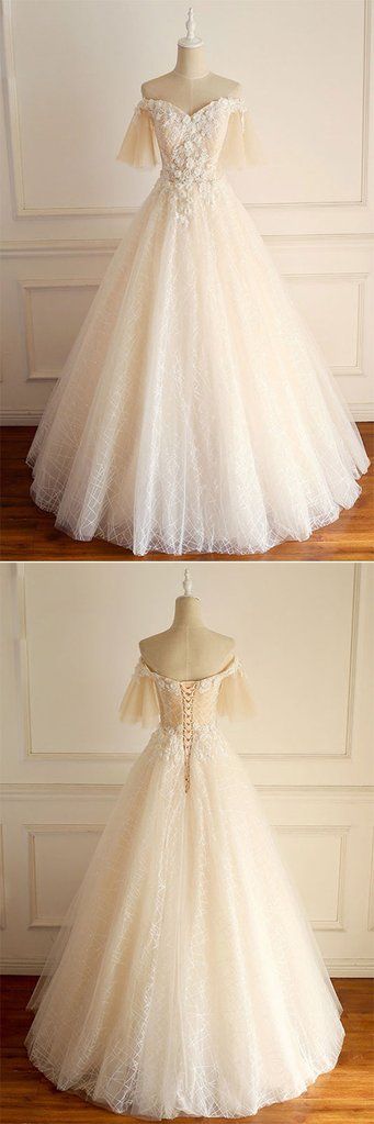 Champagne Tulle Lace Long Prom Dress, Champagne Tulle Wedding Dress M8325