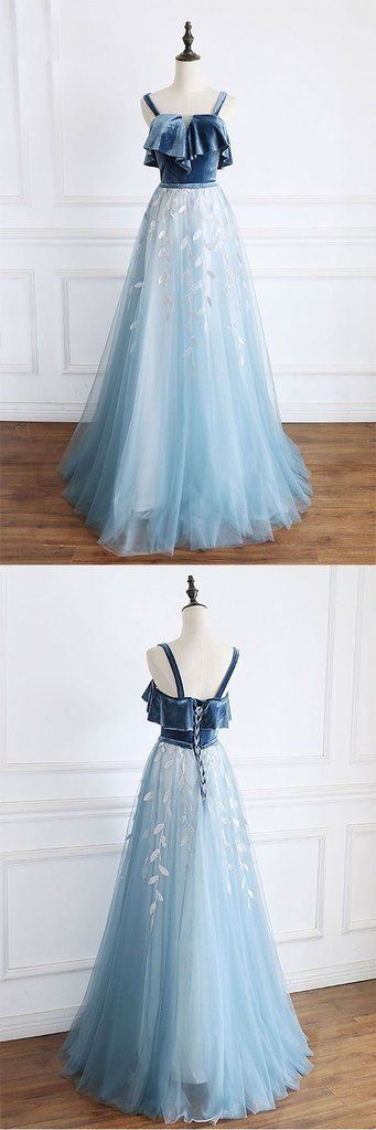 Blue Tulle Lace Long Prom Dress, Blue Lace Formal Dress, Blue Tulle Evening Dress M8327