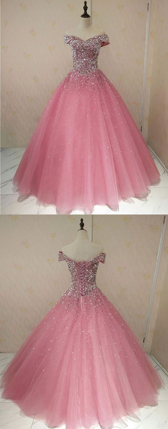 Pink Sweetheart Neck Tulle Sequin Long Prom Dress, Sweet 16 Dress, Pink Tulle Sequin Formal Dress M8328