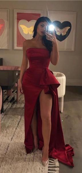 Sexy Red Strapless High Slit Sleeveless Long Evening Dresses Prom 