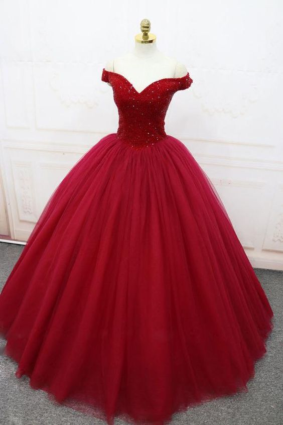 Burgundy Off Shoulder Tulle Long Prom Dress, Tulle Evening Dress M8370