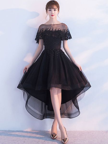 Black Homecoming Dress Applique Sleeveless Tulle Party Dresses Strapless A Line High Low Asymmetrical Prom Dresses M8379
