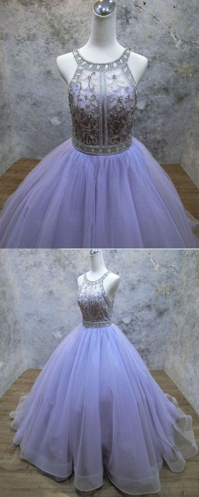 2019 Unique Lavender Tulle Beaded Strapless Long Evening Dress M8400