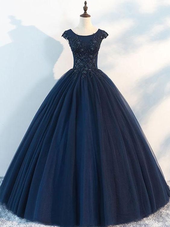 Navy Cap Sleeves Ball Gown Tulle Long Evening Prom Dresses, Custom Sweet16 Dresses M8435