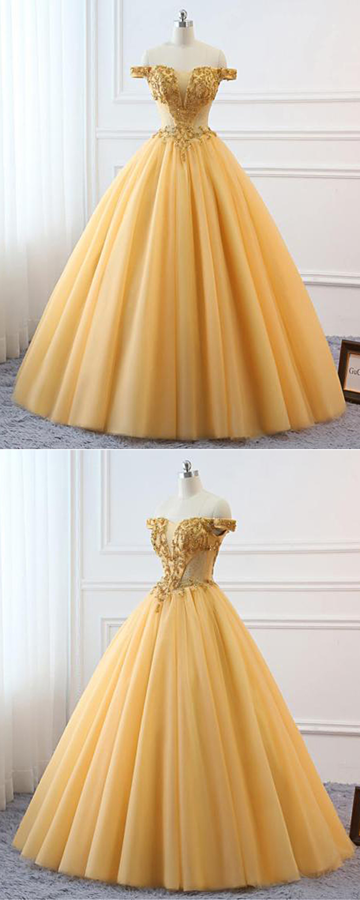Gold Tulle Off Shoulder Corset Custom Size Prom Dress Beaded Quinceanera Dress M8446 On Luulla