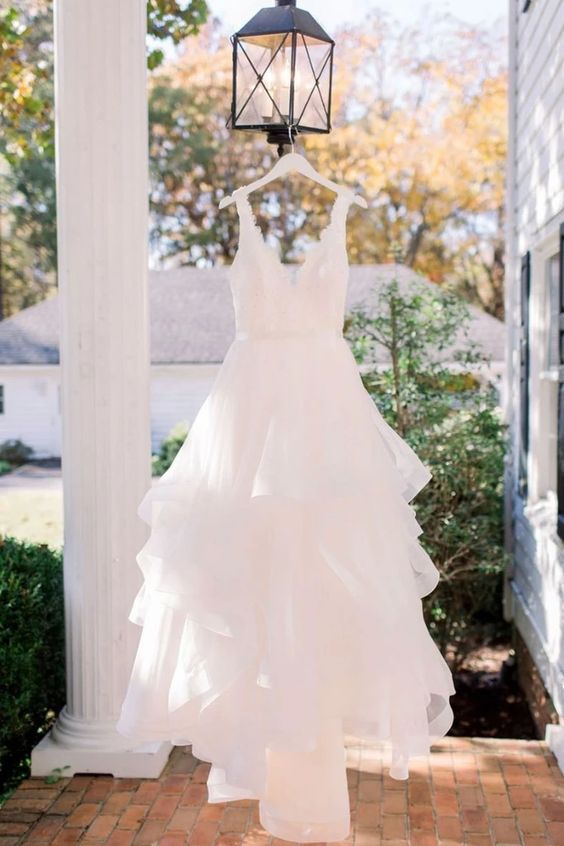 White V Neck Lace Long Prom Dress, White Lace Wedding Dress, Lace Wedding Gown M8487