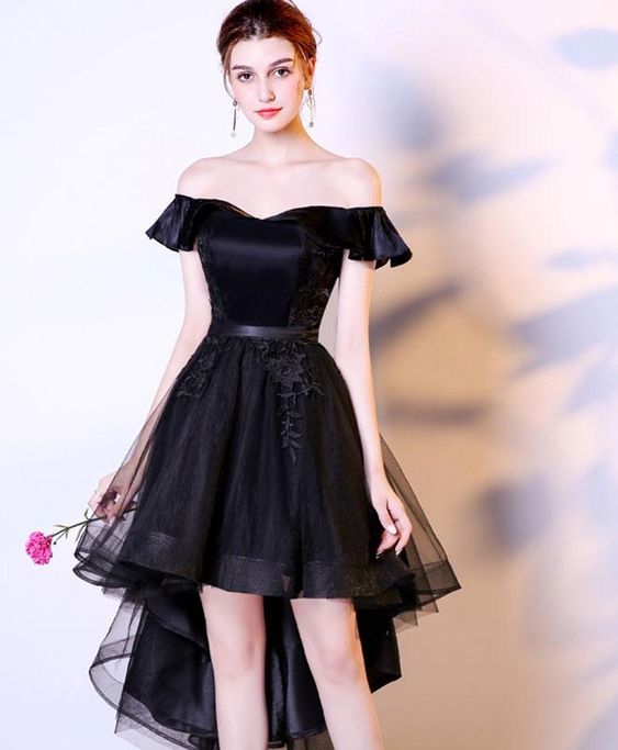 Black Lace Tulle High Low Prom Dress, Homecoming Dress M8491