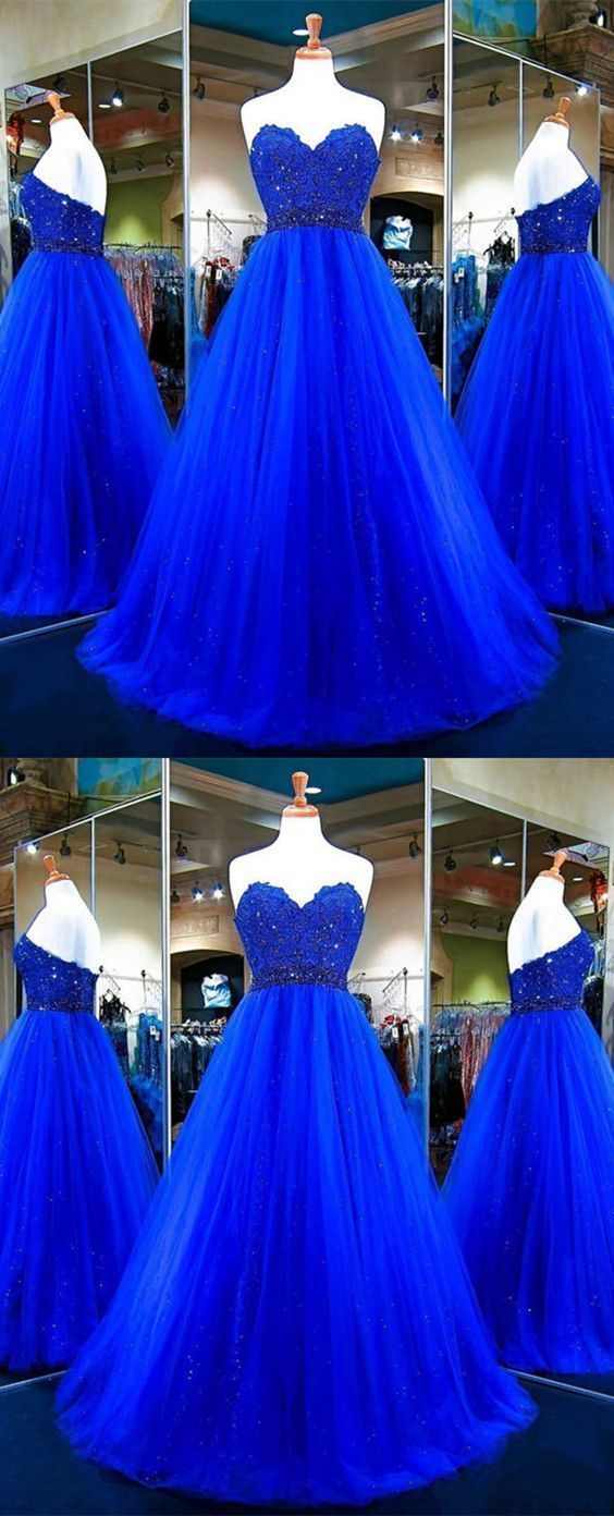 Pretty Ball Gown Sweetheart Tulle Long Blue Floor Length Prom Dresses