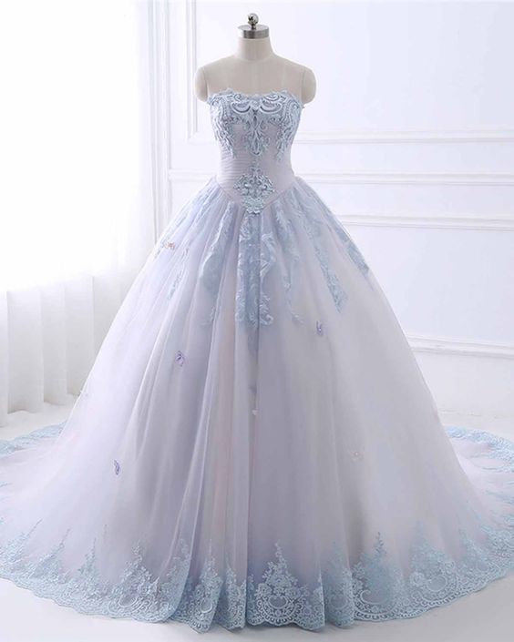 Princess Light Blue Tulle Strapless High Waist Long A-line Evening Dress, Long Lace Formal Dress M8534