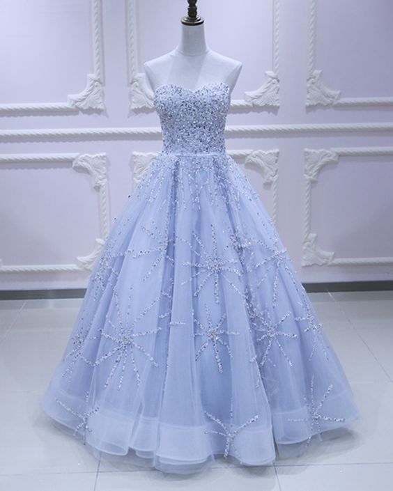 Sweetheart Neck Light Blue Tulle Sequins Long Evening Dress, Long Prom Dress M8535