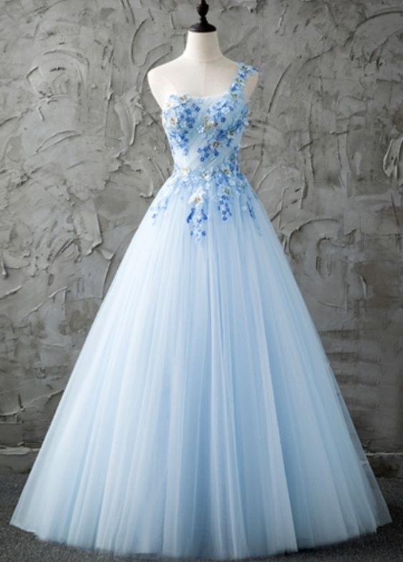 Cute Bloom Blue One Shoulder Beading Prom Dress with Applique