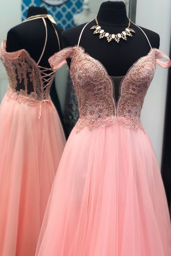 Straps Pink Ball Gown With Lace Up Back, Sweet 16 Dress Ball Gown M8639
