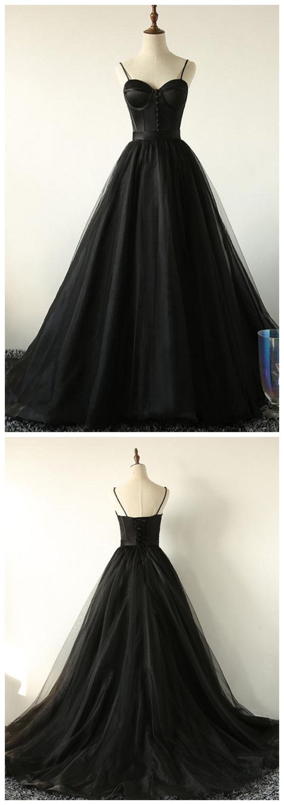 Ball Gown Spaghetti Straps Black Tulle Prom Dress M8640