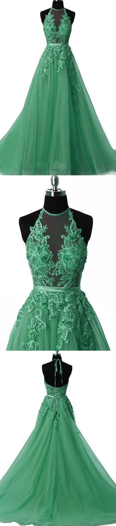 Unique Tulle Lace Applique Green Long Prom Dress, Green Tulle Evening Dressunique Tulle Lace Applique Green Long Prom Dress, Green Tulle Evening