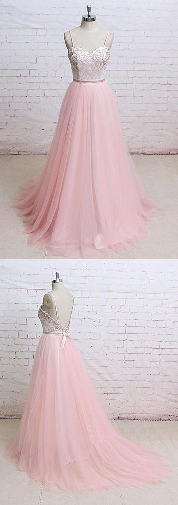 Pink Floral Lace Spaghetti Straps A Line Tulle Evening Dress Open Back Prom Dress M8650
