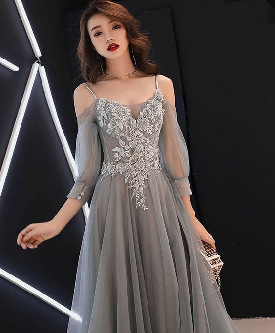 Gray Sweetheart A-line Tulle Lace Long Prom Dress, Gray Evening Dress M8656