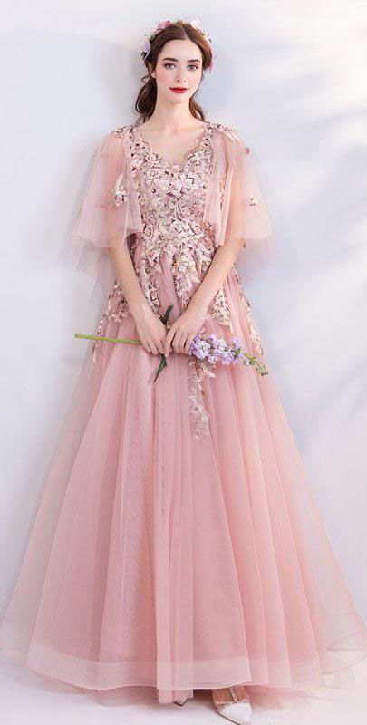 Princess A Line Pink Long Tulle Appliques V Neck Prom Dresses M8667