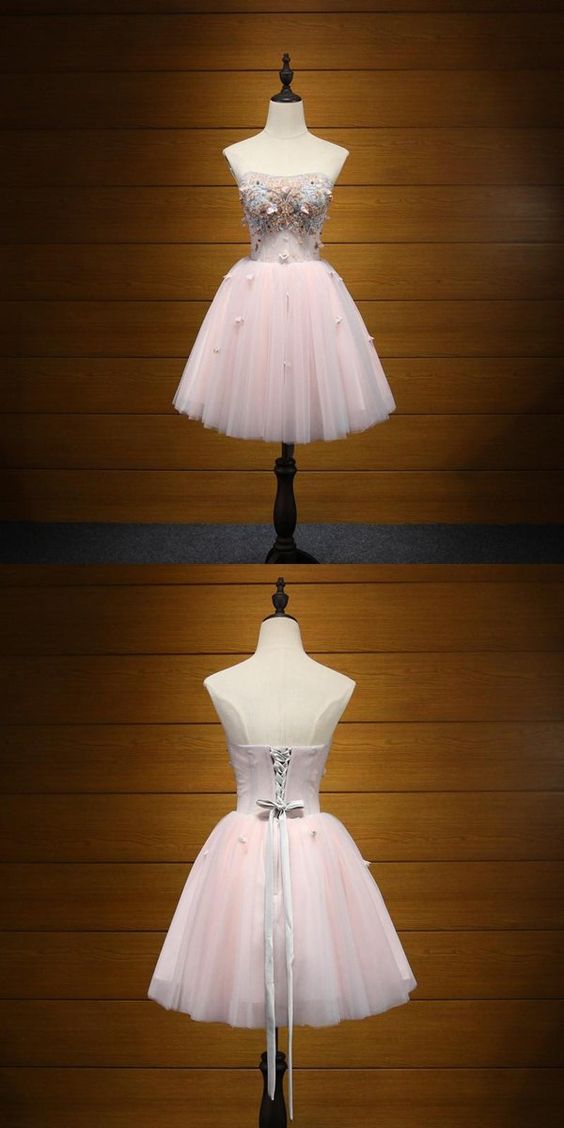Glamorous Pink A-line Strapless Homecoming Dresses,short Homecoming Dresses With Appliques M8686