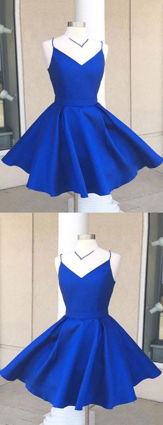 Morden Homecoming Dress A-line A-line Spaghetti Straps Blue Satin Homecoming/cocktail Dress With Bowknot M8704