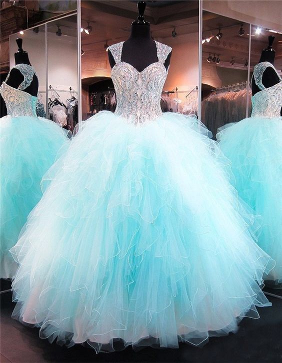 Ball Gown Sweetheart Corset Aqua Tulle Ruffle Puffy Quinceanera Prom Dress M8764