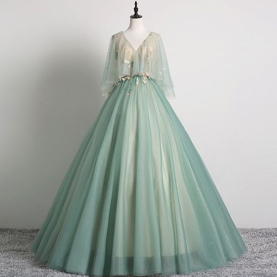 Elegant Sage Green Prom Dresses 2019 Ball Gown V-Neck Lace Flower 1/2 ...