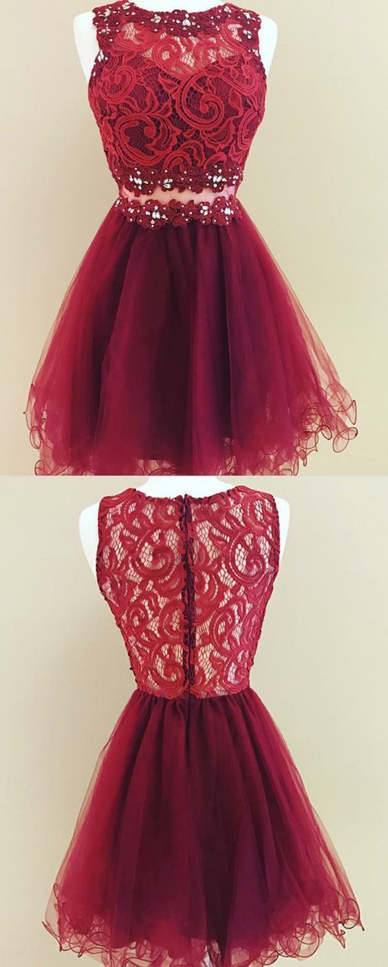 A-line Jewel Short Burgundy Tulle Homecoming Dress With Lace Sequins M8877