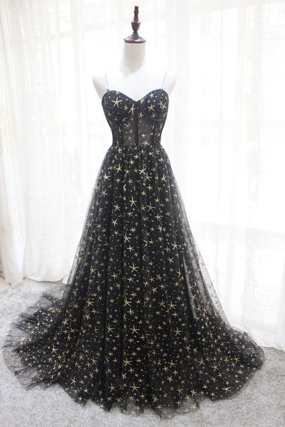 Sweetheart Neck Black Star Tulle Long A Line Evening Dress, Long Prom Dress M8882