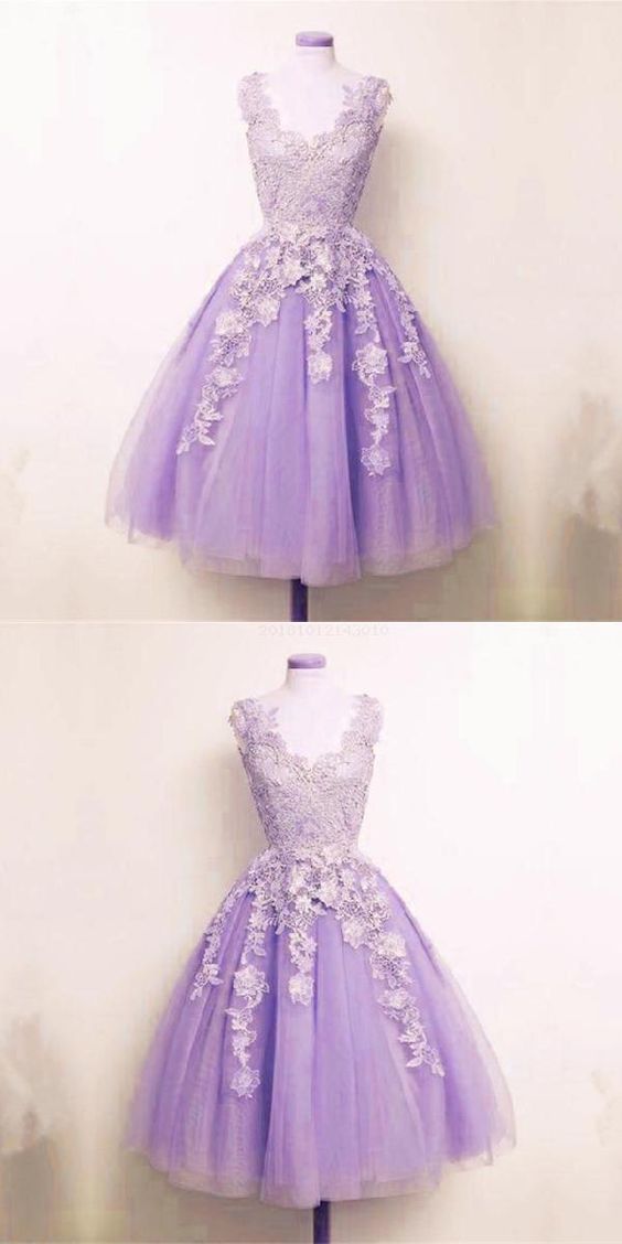 Fetching Appliques Homecoming Dress Lilac Tulle Lace Appliques A-line Short Homecoming Dress, M8908