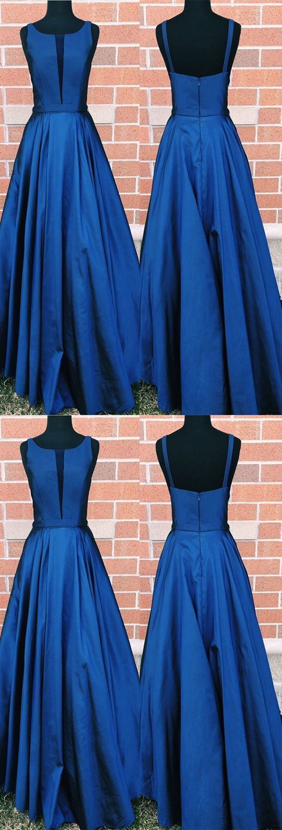 Blue Long Satin Scoop Neck Prom Dress Floor Length Evening Gowns M8909