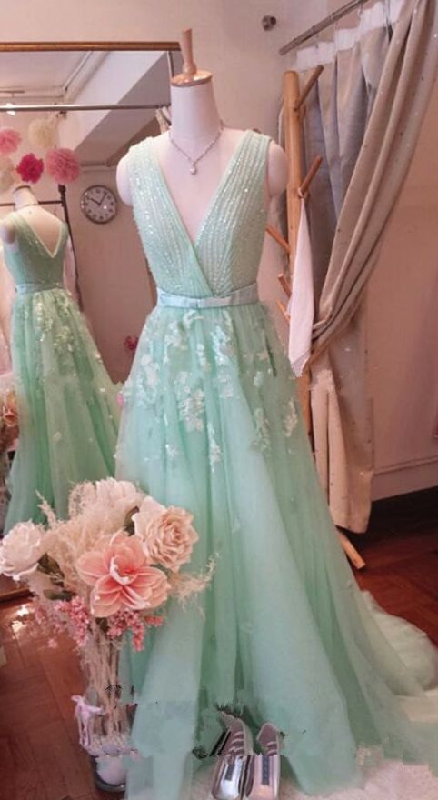 Custom Made Mint Green Chiffon Prom Dress,appliques Evening Dress M8932