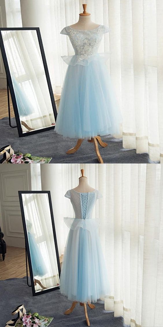A-line Scoop Neckline Cap Sleeves Tulle Tea Length Prom Dresses M8942