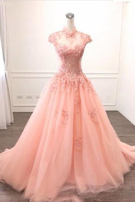 Pink Tulle O Neck Long Cap Sleeve Evening Dress, Prom Dress With Appliques M9024