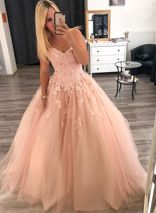 Pink Sweetheart Neck Lace Long Prom Dress Pink Evening Dress Tulle Formal Gowns M9027