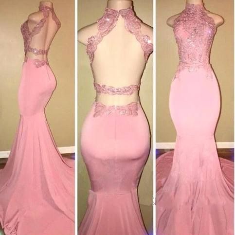 Pink High-neck Prom Dresses,mermaid Open-back Long Prom Dress M9028