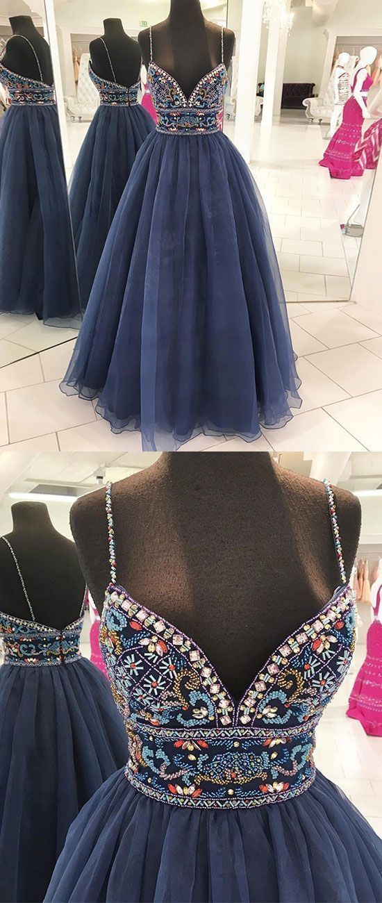 Dark Blue V Neck Beads Long Prom Dress, Blue Evening Dress M9041