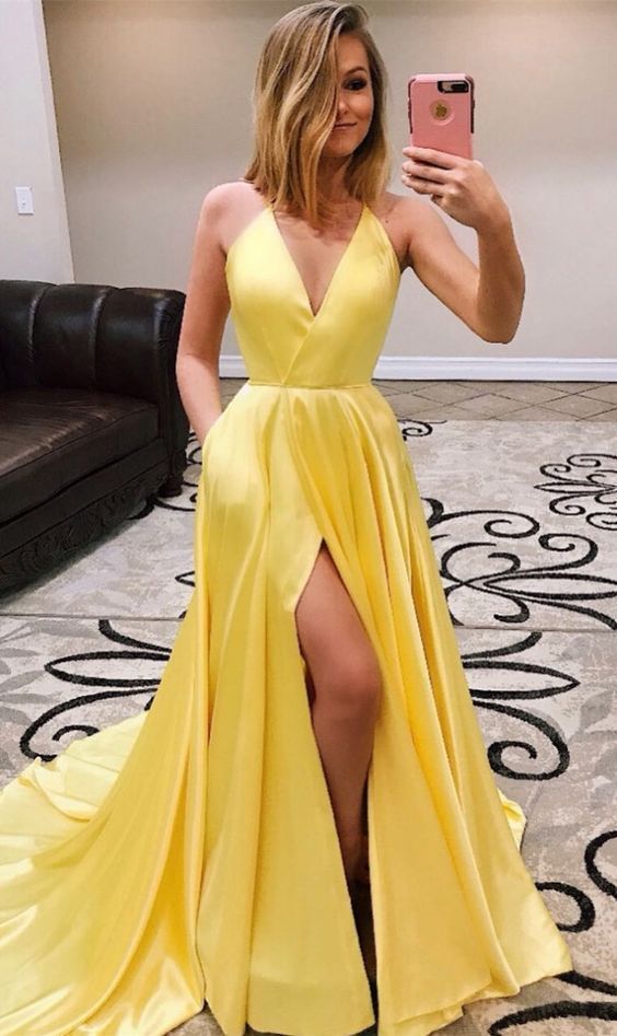 Yellow Prom Dress A-line Prom Gown Satin Evening Dresses Halter Prom Gown Formal Dresses Prom Gowns M9043