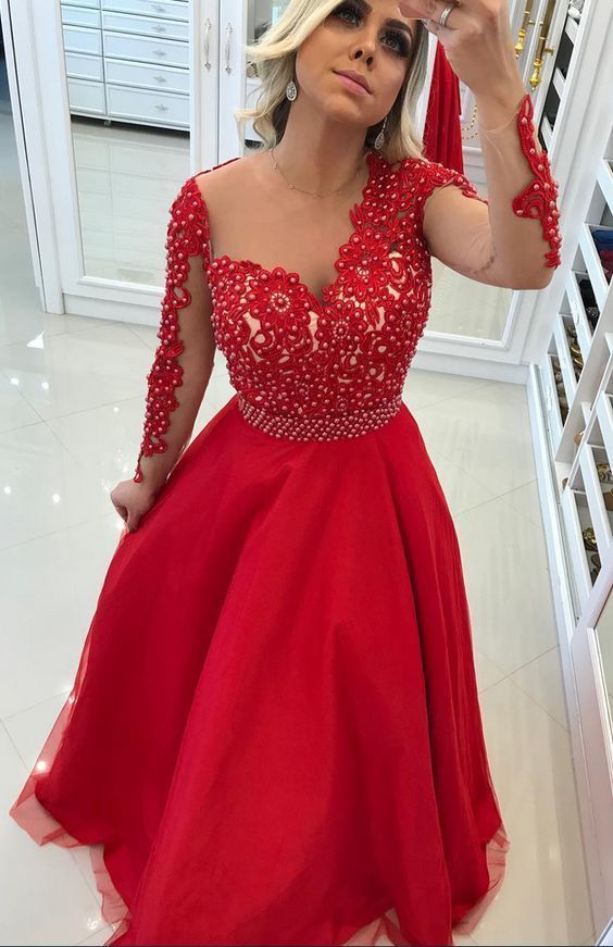Asymmetrical Neck Long Sleeves Red Prom Dresses With Pearls Beaded Appliques M9047