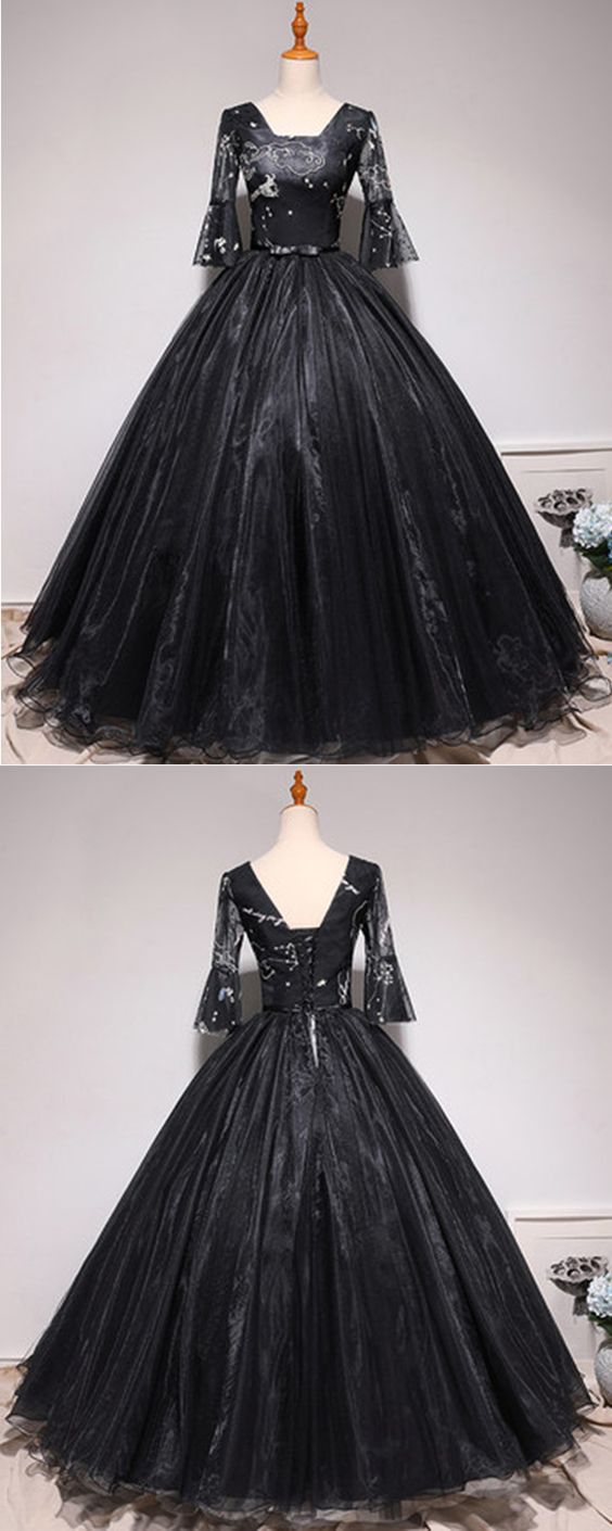 Prom Dresses By Sweetheartdress · Unique Black Tulle Mid Sleeve Long Prom Dress, Evening Dress With Bow M9179