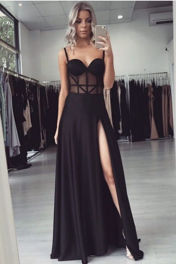 See Through Black A Line Prom Evening Dress Sweetheart With Slit M9181