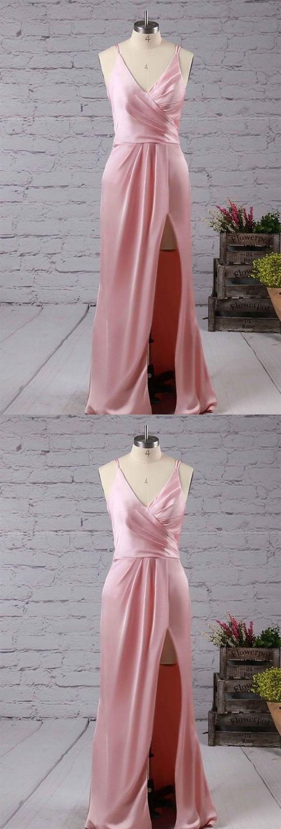 Pink V Neck Sleeveless Side Slit Prom Dress M9280
