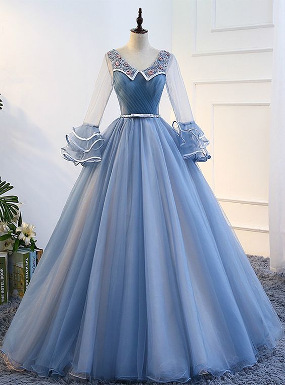 Blue Long Sleeve Tulle Quinceanera Dresses M9321