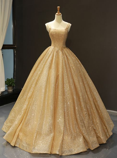 Gold Ball Gown Sequins Straps Floor Length Sweet 16 Prom Dress M9323