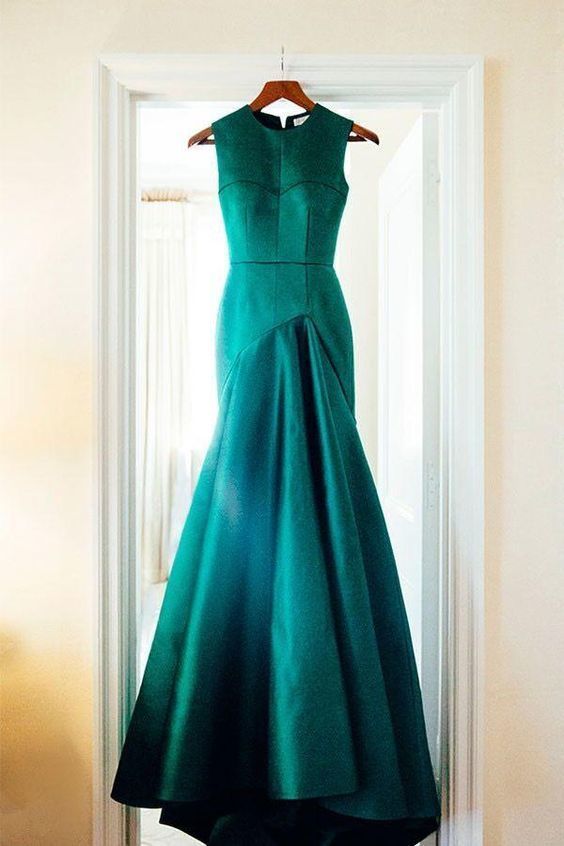Green Satins Round Neck Simple Long Evening Dresses,formal Dress M9335